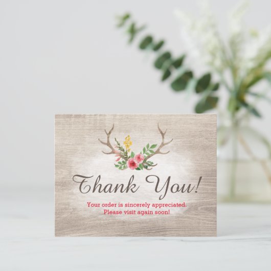 Rustic Deer Antler Bohemian Floral Wood Dank je Briefkaart (Staand voorkant)
