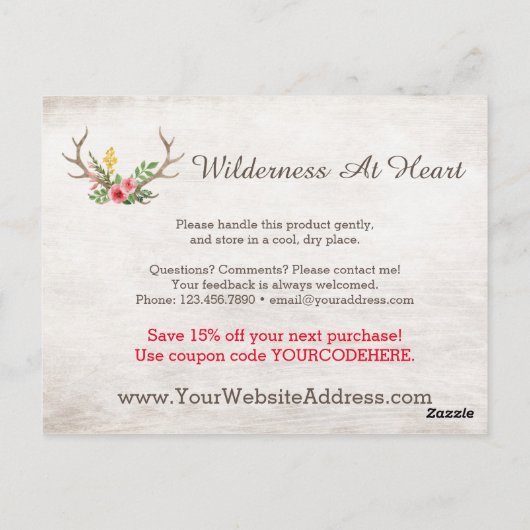 Rustic Deer Antler Bohemian Floral Wood Dank je Briefkaart (Achterkant)