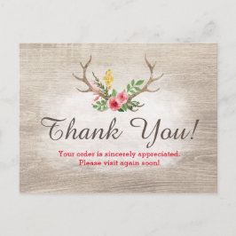 Rustic Deer Antler Bohemian Floral Wood Dank je Briefkaart