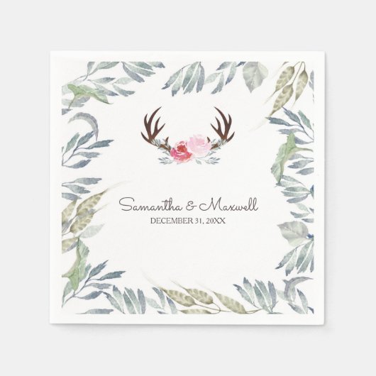 RUSTIC Deer Antler en Roze Rose Servetten (Voorkant)