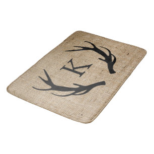 Rustic Deer Antler Faux Burlap Monogram Badmat
