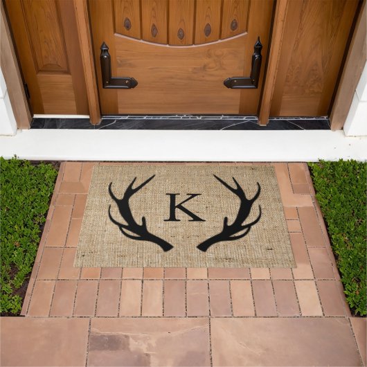 Rustic Deer Antler Faux Burlap Monogram Deurmat (Buiten)