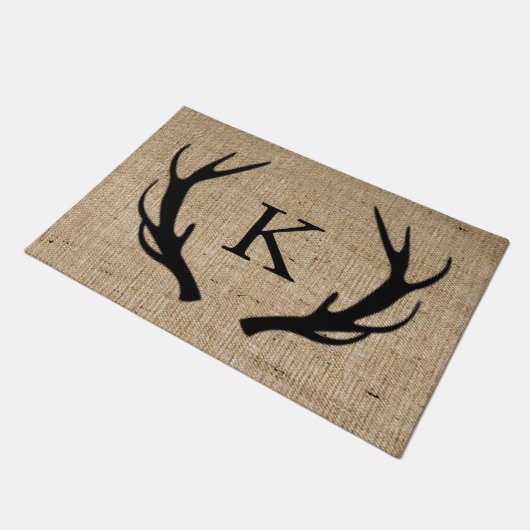 Rustic Deer Antler Faux Burlap Monogram Deurmat (Schuin)