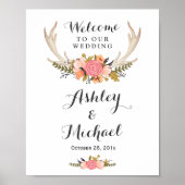 Rustic Deer Antler Floral Wedding Reception Sign Poster (Voorkant)