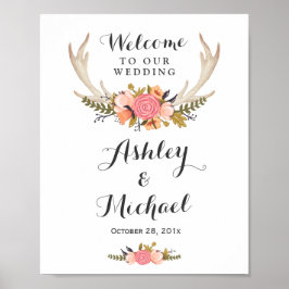Rustic Deer Antler Floral Wedding Reception Sign Poster