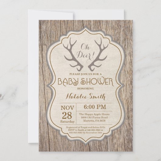 Rustic Deer Antler Oh Deer Baby shower Uitnodiging (Voorkant)
