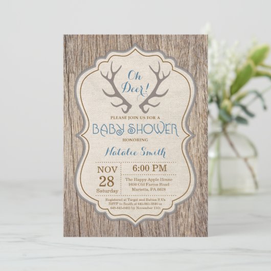 Rustic Deer Antler Oh Deer Boy Baby shower Kaart (Staand voorkant)