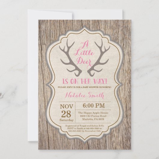 Rustic Deer Antler Pink Girl Baby shower Kaart (Voorkant)