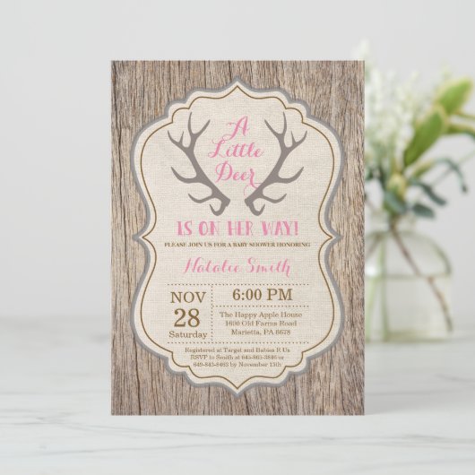 Rustic Deer Antler Pink Girl Baby shower Kaart (Staand voorkant)
