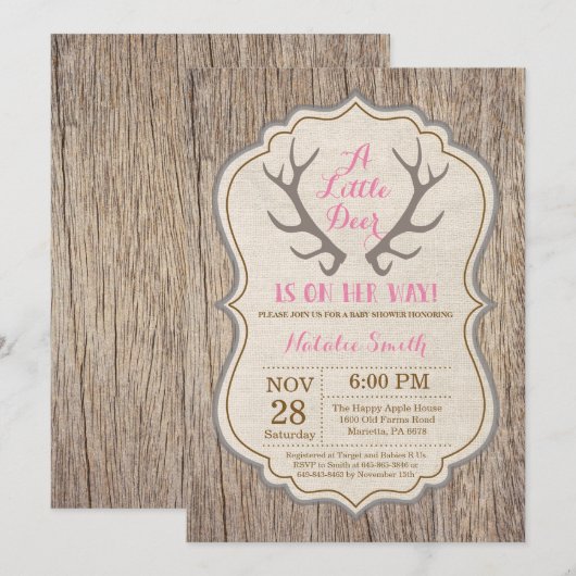 Rustic Deer Antler Pink Girl Baby shower Kaart (Voorkant / Achterkant)