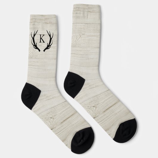 Rustic Deer Antler White Wood Monogrammed Unisex Sokken (Rechts)