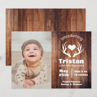 Rustic Deer Antlers Barn Wood Geboorteaankondiging Kaart