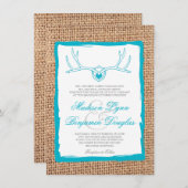 Rustic Deer Antlers Blauwgroen Burlap Wedding Invi Kaart (Voorkant / Achterkant)