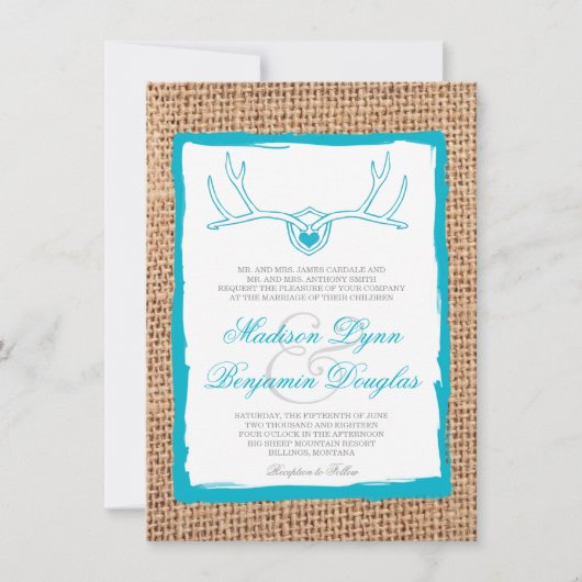 Rustic Deer Antlers Blauwgroen Burlap Wedding Invi Kaart (Voorkant)