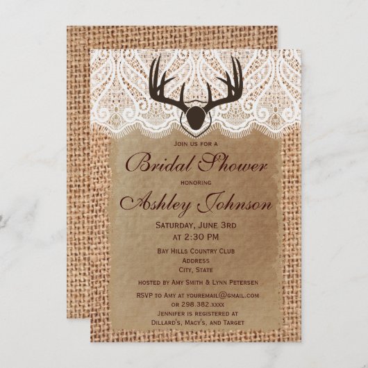 Rustic Deer Antlers Bridal Shower Invitations Kaart (Voorkant / Achterkant)