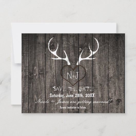 Rustic Deer Antlers & Carved Heart Save the Date (Voorkant)