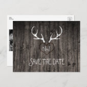 Rustic Deer Antlers & Carved Heart Save the Date Aankondigingskaart (Voorkant / Achterkant)