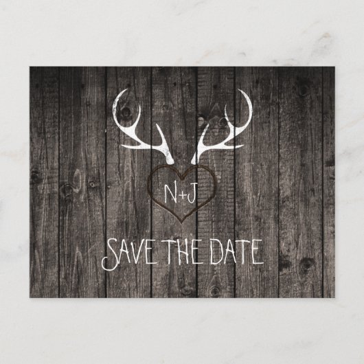Rustic Deer Antlers & Carved Heart Save the Date Aankondigingskaart (Voorkant)