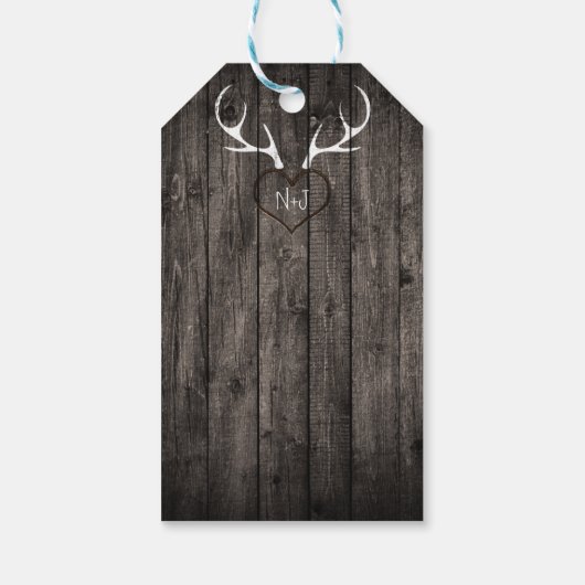 Rustic Deer Antlers & Carved Heart Wedding Cadeaulabel (Achterkant)