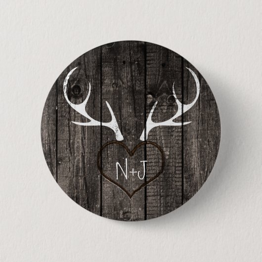 Rustic Deer Antlers & Carved Heart Wedding Ronde Button 5,7 Cm (Voorkant)