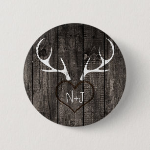 Rustic Deer Antlers & Carved Heart Wedding Ronde Button 5,7 Cm
