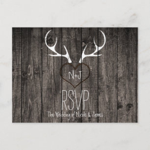 Rustic Deer Antlers & Carved Heart Wedding RSVP Uitnodiging Briefkaart