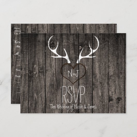 Rustic Deer Antlers & Carved Heart Wedding RSVP Uitnodiging Briefkaart (Voorkant / Achterkant)
