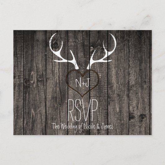 Rustic Deer Antlers & Carved Heart Wedding RSVP Uitnodiging Briefkaart (Voorkant)