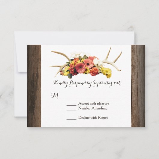 Rustic Deer Antlers Daisy Wood Weddenschap RSVP-ka RSVP Kaartje (Voorkant)