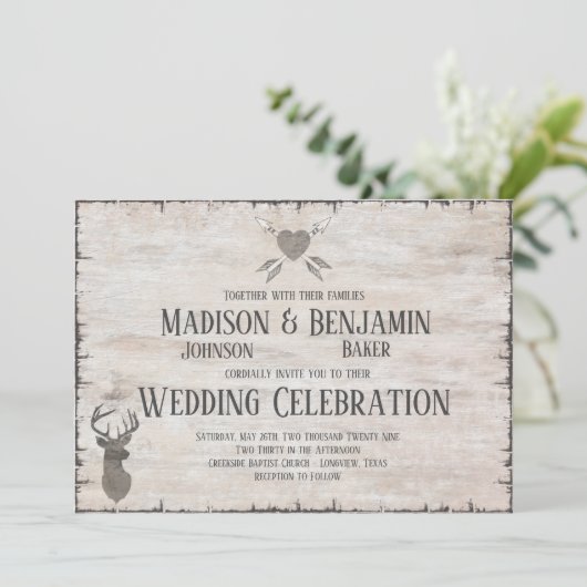 Rustic Deer Antlers Distress Wedding Invitations Kaart (Staand voorkant)