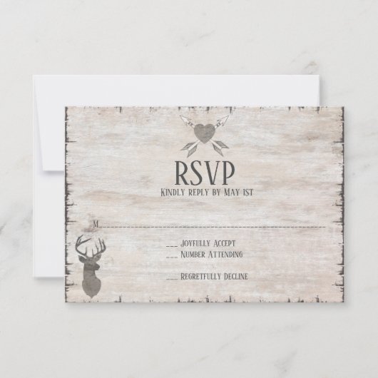 Rustic Deer Antlers Distressed Wedding RSVP Kaarte Kaartje (Voorkant)
