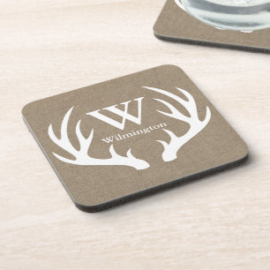 Rustic Deer Antlers Faux Burlap Familienaam Drankjes Onderzetter