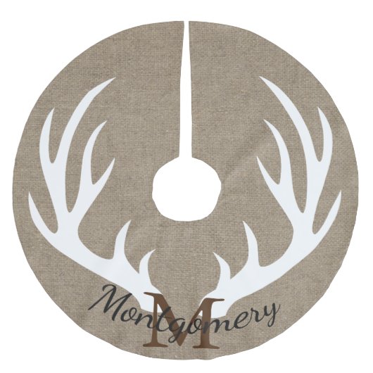Rustic Deer Antlers Faux Burlap Familienaam Kerstboom Rok (Voorkant)