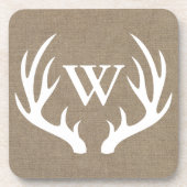 Rustic Deer Antlers Faux Burlap Family Initiaal Onderzetter (Voorkant)