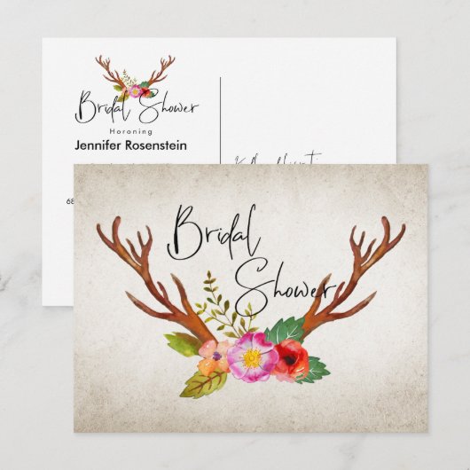 Rustic Deer Antlers Floral Vrijgezellenfeest Uitnodiging Briefkaart (Voorkant / Achterkant)