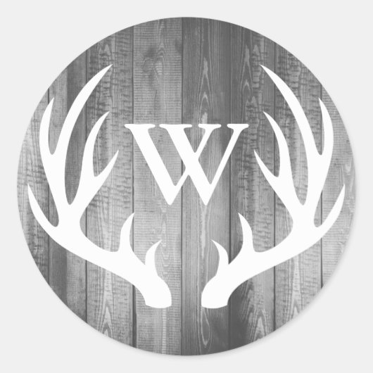 Rustic Deer Antlers Grey Barn Wood | Monogram Ronde Sticker (Voorkant)