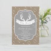 Rustic Deer Antlers Grey & Faux Burlap Baby shower Kaart (Staand voorkant)