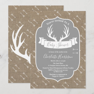 Rustic Deer Antlers Grey & Faux Burlap Baby shower Kaart
