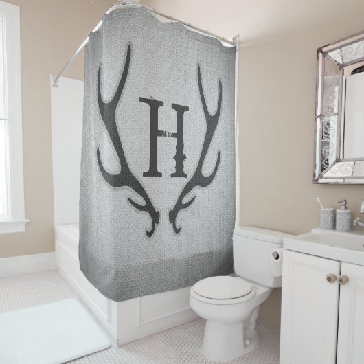 Rustic Deer Antlers Grey Faux Burlap Country Chic Douchegordijn (In situ)