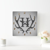 Rustic Deer Antlers Grey Faux Burlap Textuur Vierkante Klok (Huis)