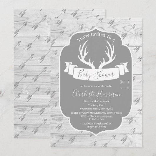 Rustic Deer Antlers Grey & White Wood Baby shower Kaart (Voorkant / Achterkant)