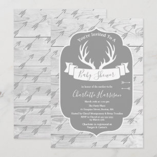 Rustic Deer Antlers Grey & White Wood Baby shower Kaart