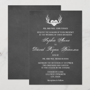 Rustic Deer Antlers & Heart Chalk Wedding Invite Kaart