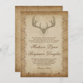 Rustic Deer Antlers Hunting Burlap Wedding Invites Kaart (Voorkant / Achterkant)