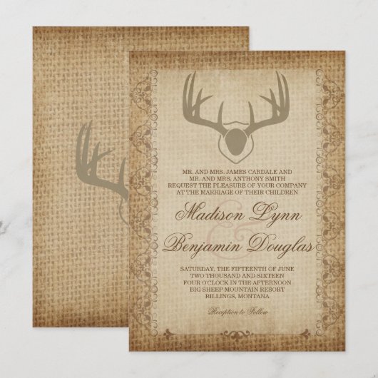 Rustic Deer Antlers Hunting Burlap Wedding Invites Kaart (Voorkant / Achterkant)
