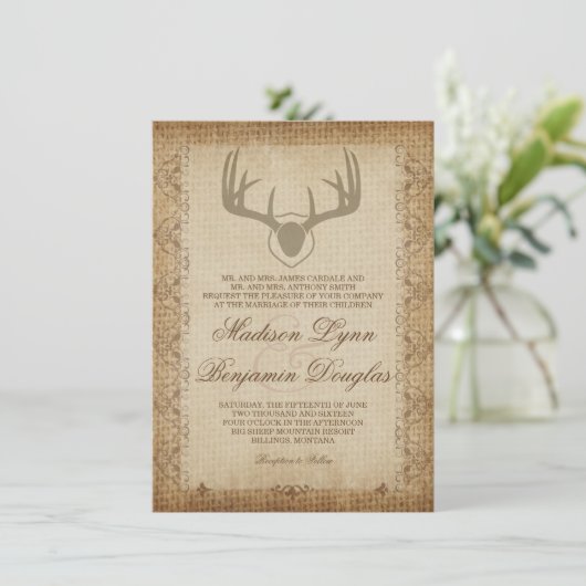 Rustic Deer Antlers Hunting Burlap Wedding Invites Kaart (Staand voorkant)