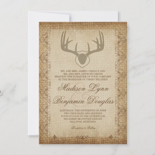 Rustic Deer Antlers Hunting Burlap Wedding Invites Kaart (Voorkant)