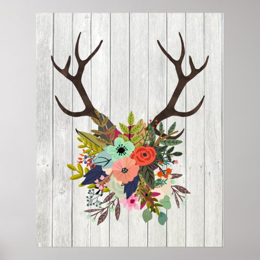 Rustic Deer Antlers met bloemen Poster (Voorkant)