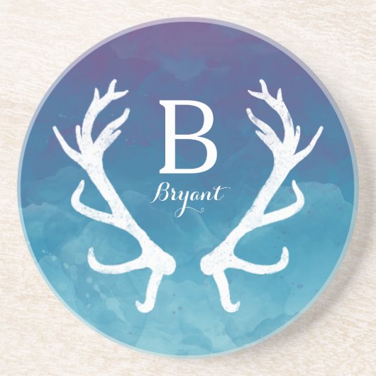 Rustic Deer Antlers Monogram Blue Waterverf Zandsteen Onderzetter (Voorkant)