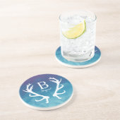 Rustic Deer Antlers Monogram Blue Waterverf Zandsteen Onderzetter (Zijkant)